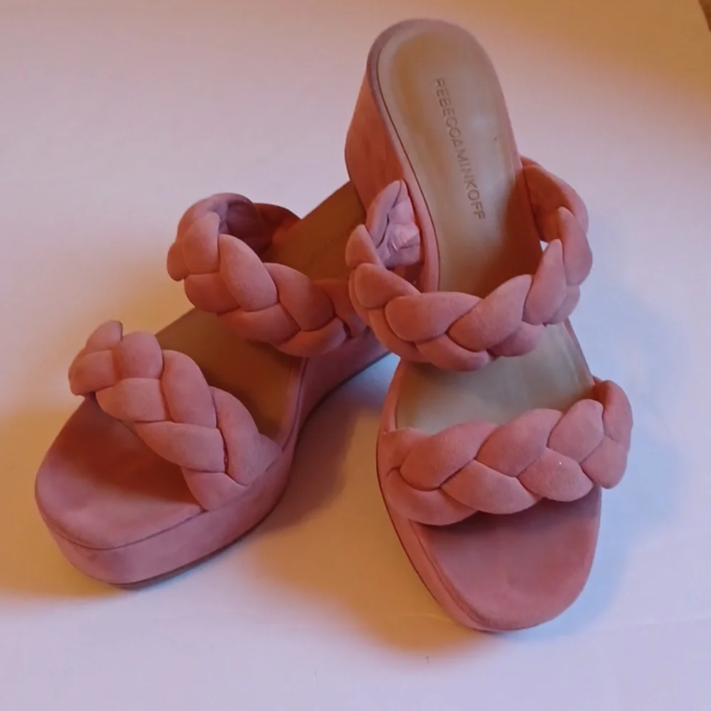 Rebecca Minkoff Imani Pink Braided Genuine Suede Platform Slide Sandals sz 7.5